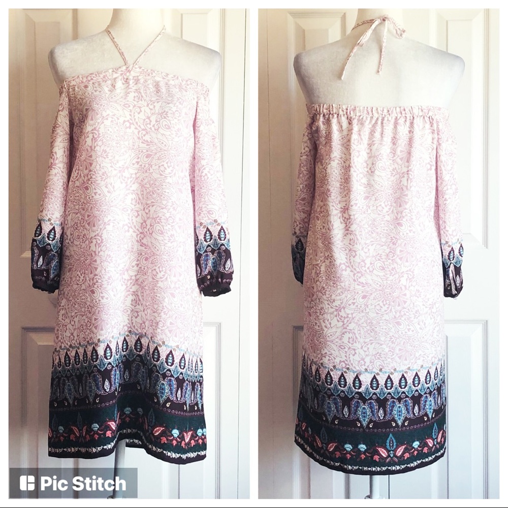 NWT Loft Light Pink Multi Boho Off Shoulder Halter Tie Mini Dress XSP